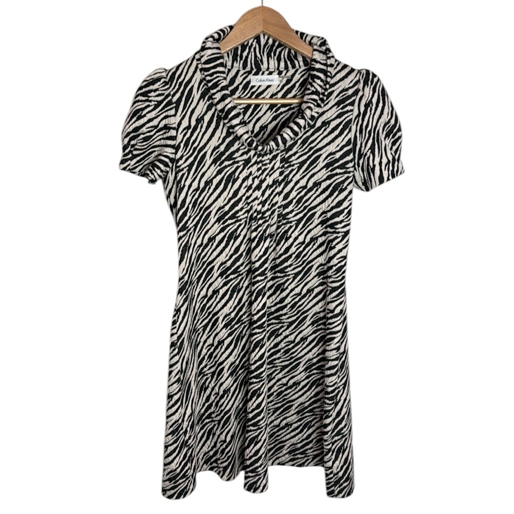 Calvin Klein Flared Mini Dress Cream black Zebra Print Cowl Neck Size 6